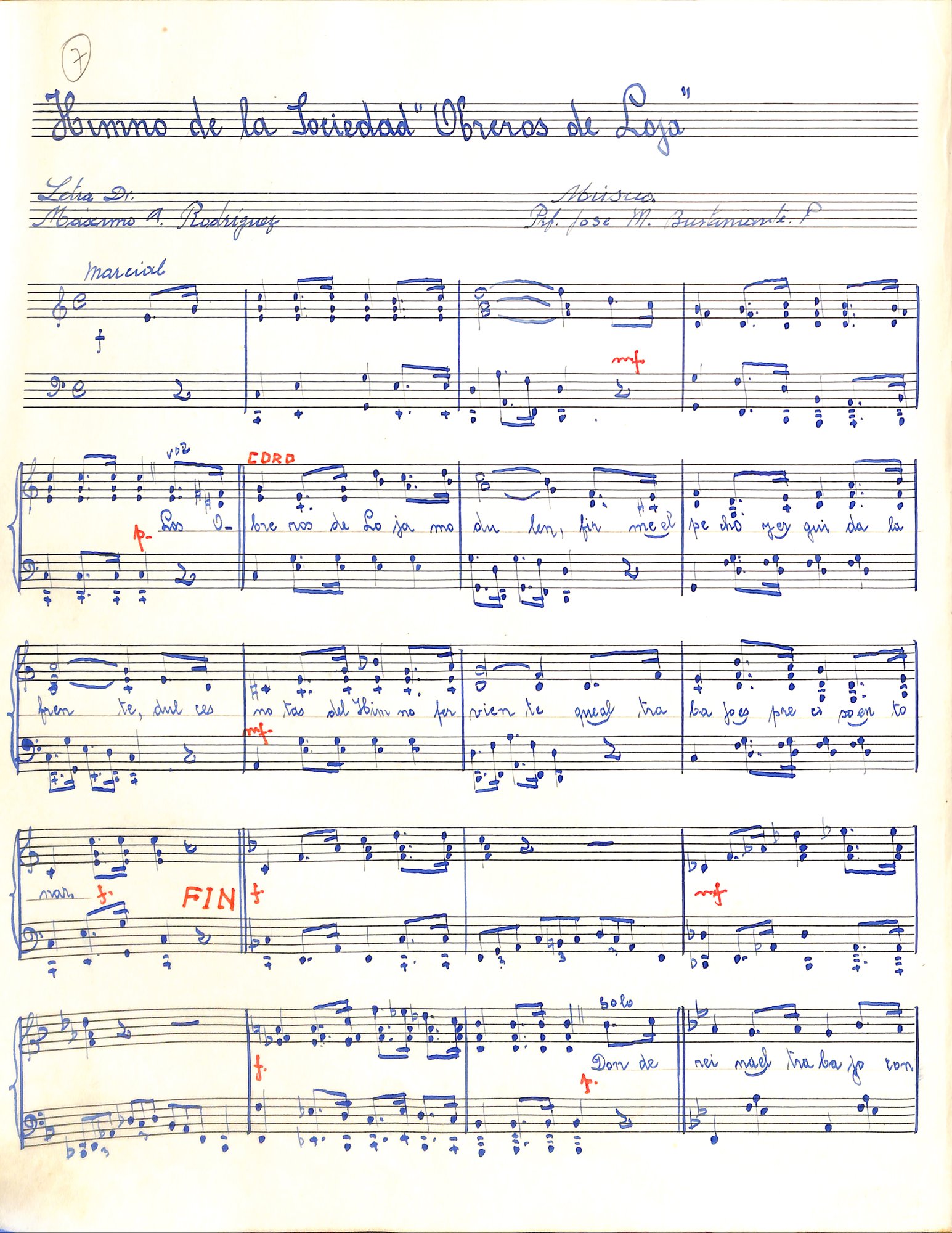 Portada de Himno de la Sociedad Obreros de Loja